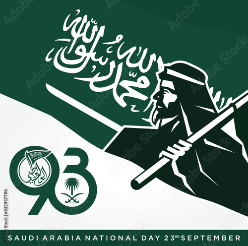 Translation Arabic Text: Saudi National Day. 93 years anniversary. Kingdom of Saudi Arabia Flag. September 23, 2023. Vector Illustration. Eps 10.