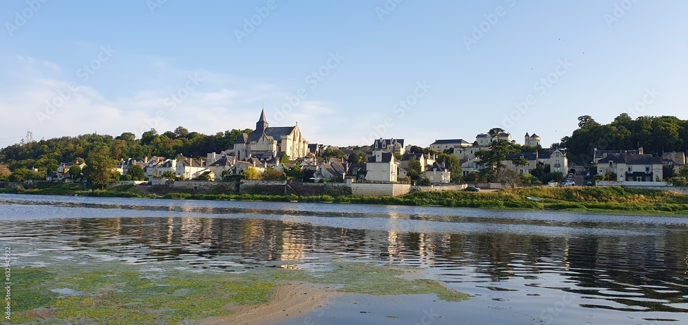 View of Candes-Saint-Martin town over the Loire river, France View of Candes-Saint-Martin town over the Loire river, France