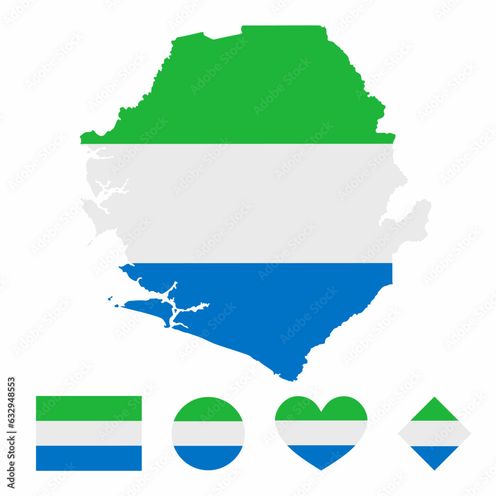 Vector of Sierra Leone map flag with flag set isolated on white background. Collection of flag icons with square, circle, love, heart, and rectangle shapes.