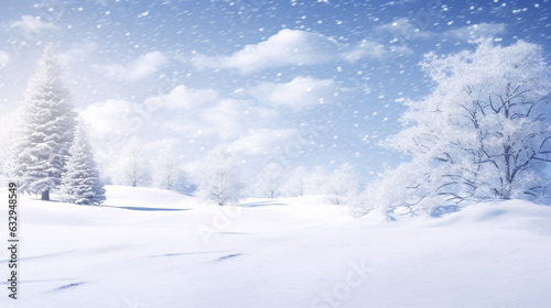 Snowy landscape with trees and hills, blue sky with white clouds and snowflakes falling, and a thick blanket of snow on the ground conveying a feeling of winter and cold weather. © Arma Design