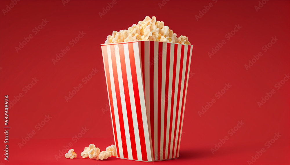 Popcorn container mockup. Curved container with red and white stripes. Red background. Meal. Food. Snack. Cinema, movies and entertainment. Template for film and television advertising, Ai generated 