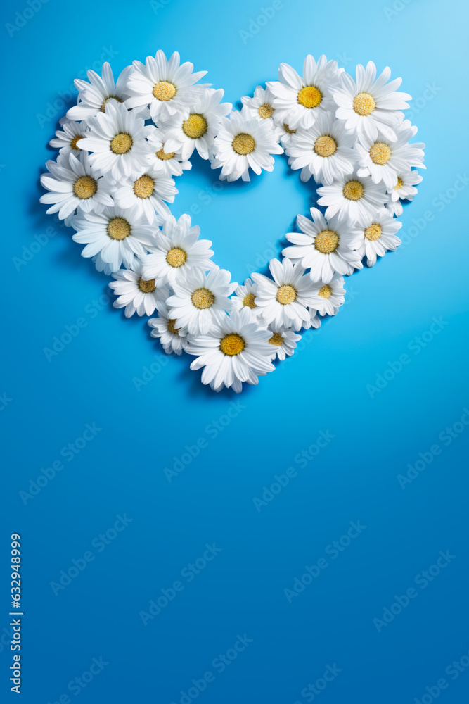 A heart made out of daisies on a blue background. Digital image. Copy-space, place for text. A heart made out of daisies on a blue background. Digital image. Copy-space, place for text.