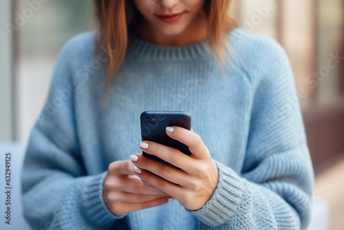 Young woman in blue jeans and sweater uses smartphone for online shopping or social media, connecting and browsing the internet.