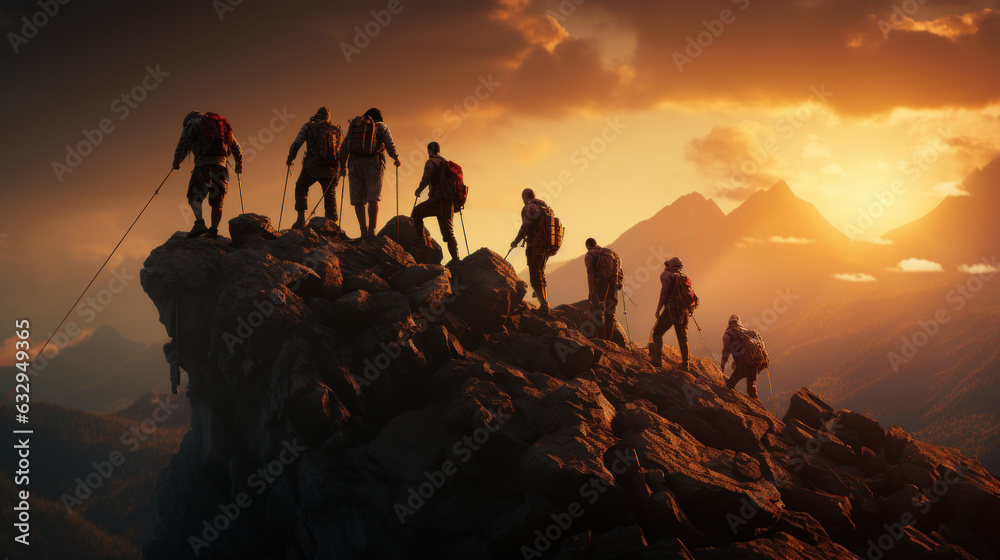 Summiting Together: Triumph of Teamwork in Mountain Climbing Adventure. Generative AI - obrazy, fototapety, plakaty 