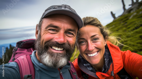 Happy older hiking couple selfie, AI Generated