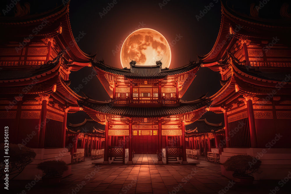 Traditional Chinese Buddhist Temple at night illuminated for the Mid-Autumn festival. Traditional Chinese lanterns display in Temple illuminated for Chinese new year festival., generative AI	
 - obrazy, fototapety, plakaty 