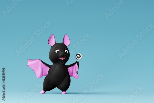 Cute Halloween bat holding spiral candy. 3d render