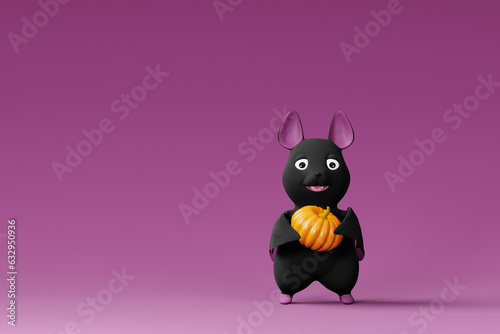 Cute Halloween bat holding pumpkin. 3d render