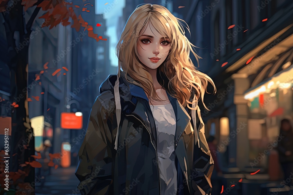 painting style illustration art, blond hair girl walking on bustling urban city street at night time cold weather of autumn or early winter season, Generative Ai,