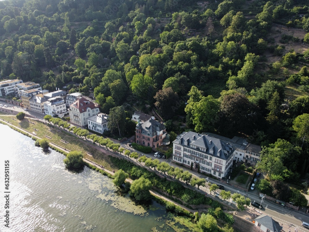 Fototapeta premium Aerial overhead photo of the villas by the Neckar river bank in Neuenheim, Heidelberg, Germany