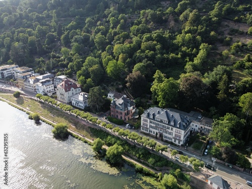 Aerial overhead photo of the villas by the Neckar river bank in Neuenheim, Heidelberg, Germany