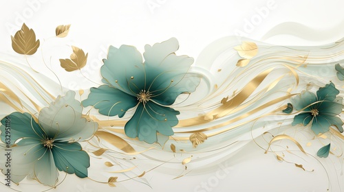 Fototapeta Naklejka Na Ścianę i Meble -  flower leaf branch sculpture style illustration in gold green white ceramic tone color, Generative Ai