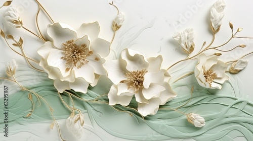 flower leaf branch sculpture style illustration in gold green white ceramic tone color, Generative Ai photo