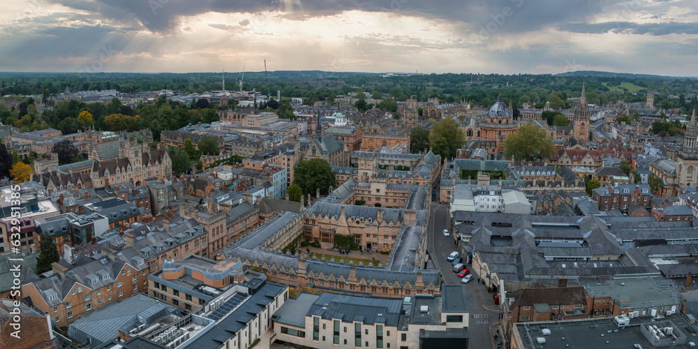 Aerial view over the city of Oxford with Oxford University and other medieval buildings. Travel photography concept.