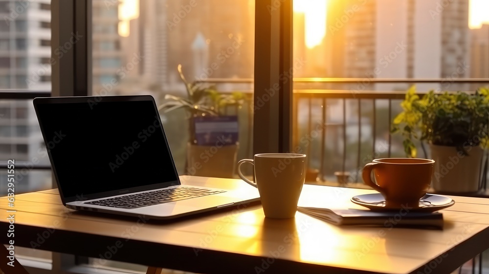 custom made wallpaper toronto digitalLaptop Sitting on Minimalist Desk Bathed in Warm Morning Light Beside Large Window, Sunlight Stream Across Room