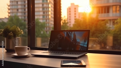 Wallpaper Mural Laptop Sitting on Minimalist Desk Bathed in Warm Morning Light Beside Large Window, Sunlight Stream Across Room Torontodigital.ca