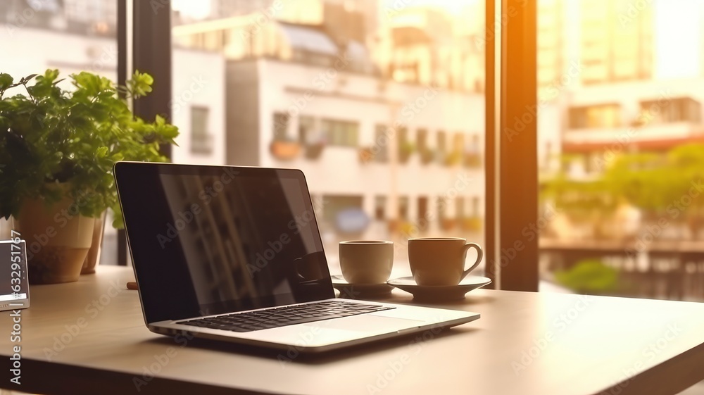 custom made wallpaper toronto digitalLaptop Sitting on Minimalist Desk Bathed in Warm Morning Light Beside Large Window, Sunlight Stream Across Room