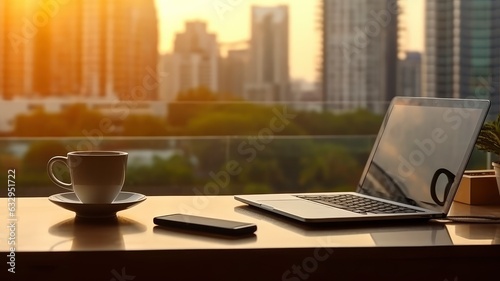 Laptop Sitting on Minimalist Desk Bathed in Warm Morning Light Beside Large Window, Sunlight Stream Across Room