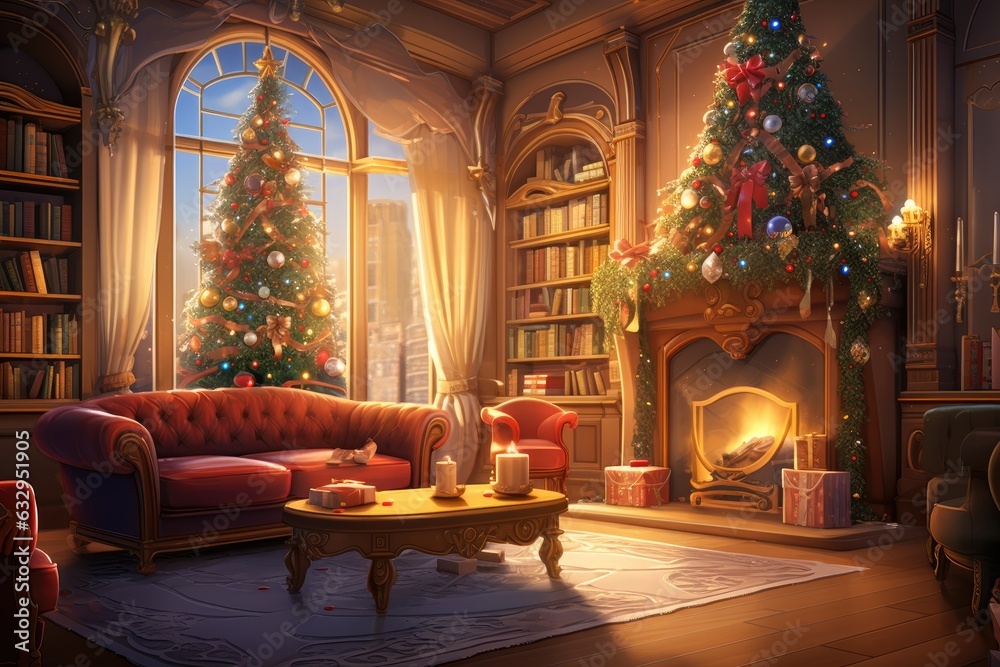 Craft holiday magic Christmas tree, fireplace, presents and heartwarming scene
