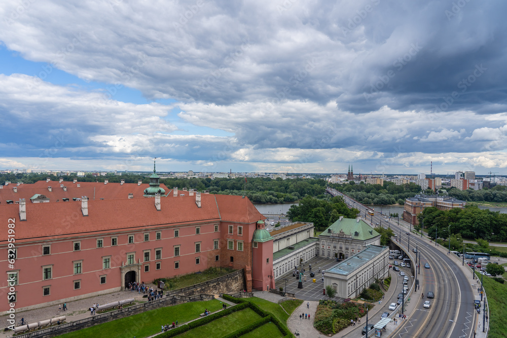 view of the royal castle and bridge in Warsaw from above