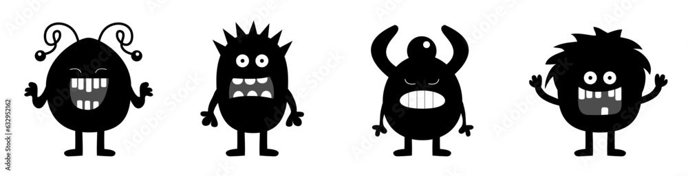 Monster set line. Happy Halloween. Cute head face. Four black silhouette monsters with different emotions. Cartoon kawaii smiling funny boo baby character. White background. Flat design. Monster set line. Happy Halloween. Cute head face. Four black silhouette monsters with different emotions. Cartoon kawaii smiling funny boo baby character. White background. Flat design.