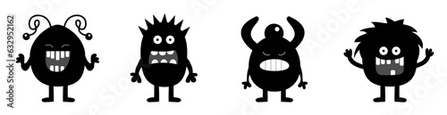 Monster set line. Happy Halloween. Cute head face. Four black silhouette monsters with different emotions. Cartoon kawaii smiling funny boo baby character. White background. Flat design.