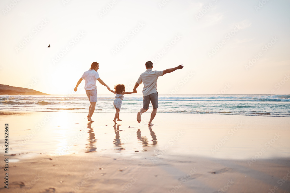 Gay couple on beach, men and child, playing together and holding hands at sunset, running in waves on holiday. Love, happiness and sun, lgbt family on tropical ocean vacation and fun with daughter.