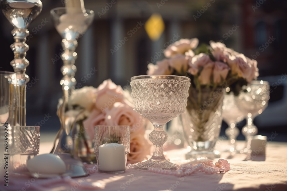 Wedding decoration with drinking glasses, candles and flowers. Wedding decoration with drinking glasses, candles and flowers.