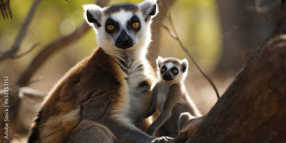 Obraz premium Adult lemur with baby looking at camera in the forest