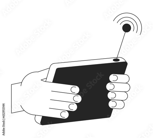 Wireless control console flat monochrome isolated vector object. Hand holding device. Editable black and white line art drawing. Simple outline spot illustration for web graphic design