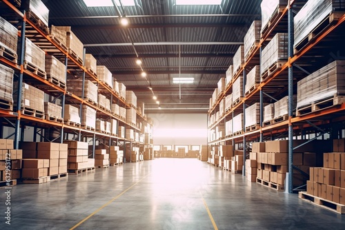 Corridor of a large logistics warehouse, full of packages and undelivered goods.