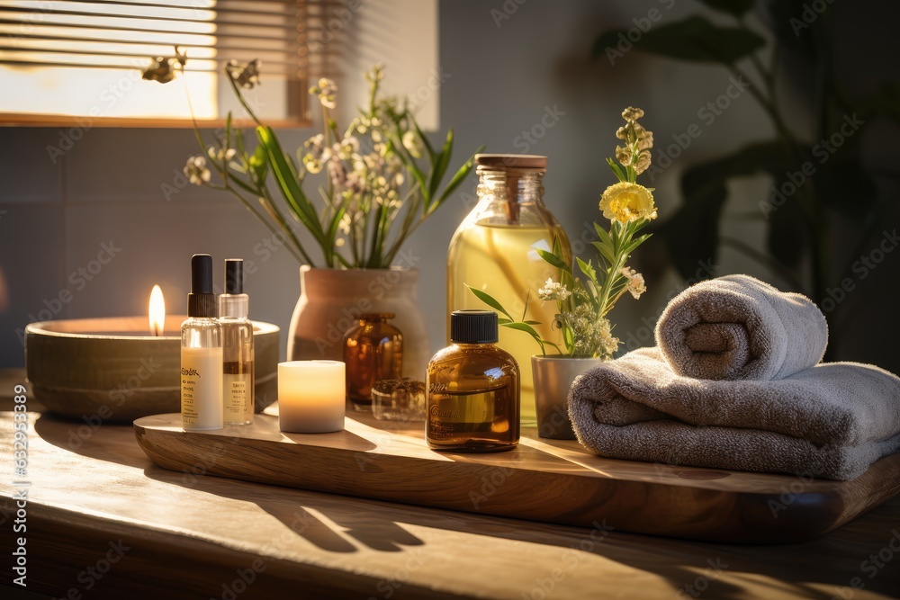 Relaxing spa room set up with essential oils - Aromatherapy oasis - AI Generated