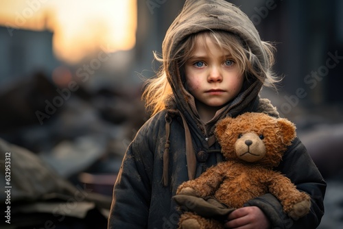Homeless child with a toy, portraying innocence amidst adversity - Stark contrasts  - AI Generated photo
