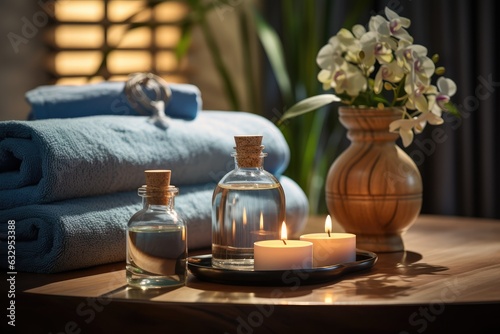Relaxing spa room set up with essential oils - Aromatherapy oasis - AI Generated