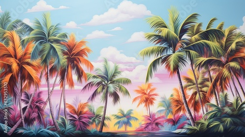 Wallpaper Mural Tropical exotic Landscape with bright palm trees, Pink and blue trending shades, Generative AI Torontodigital.ca