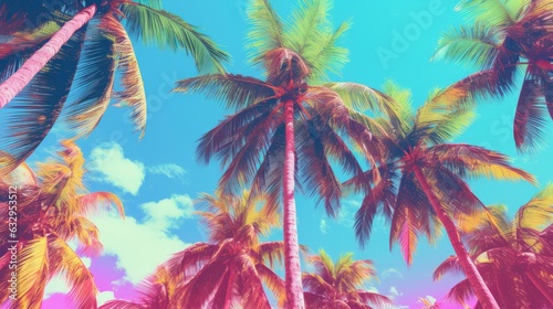 Tropical exotic Landscape with bright palm trees, Pink and blue trending shades, Generative AI © Viktoriia Protsak