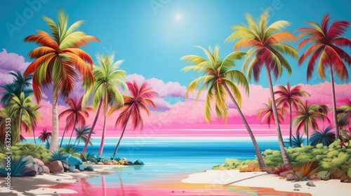 Tropical exotic Landscape with bright palm trees  Pink and blue trending shades  Generative AI
