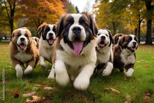 Cute playful funny st bernards dogs running in a group and playing on on the grass in the park in autum 