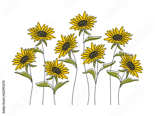 Sunflower bunch vector. Helianthus flower bouquet icon. Line continuous drawing. Linear floral illustration. Graphic design, outline print, beauty branding, card, poster, logo. Symbol of Ukraine.