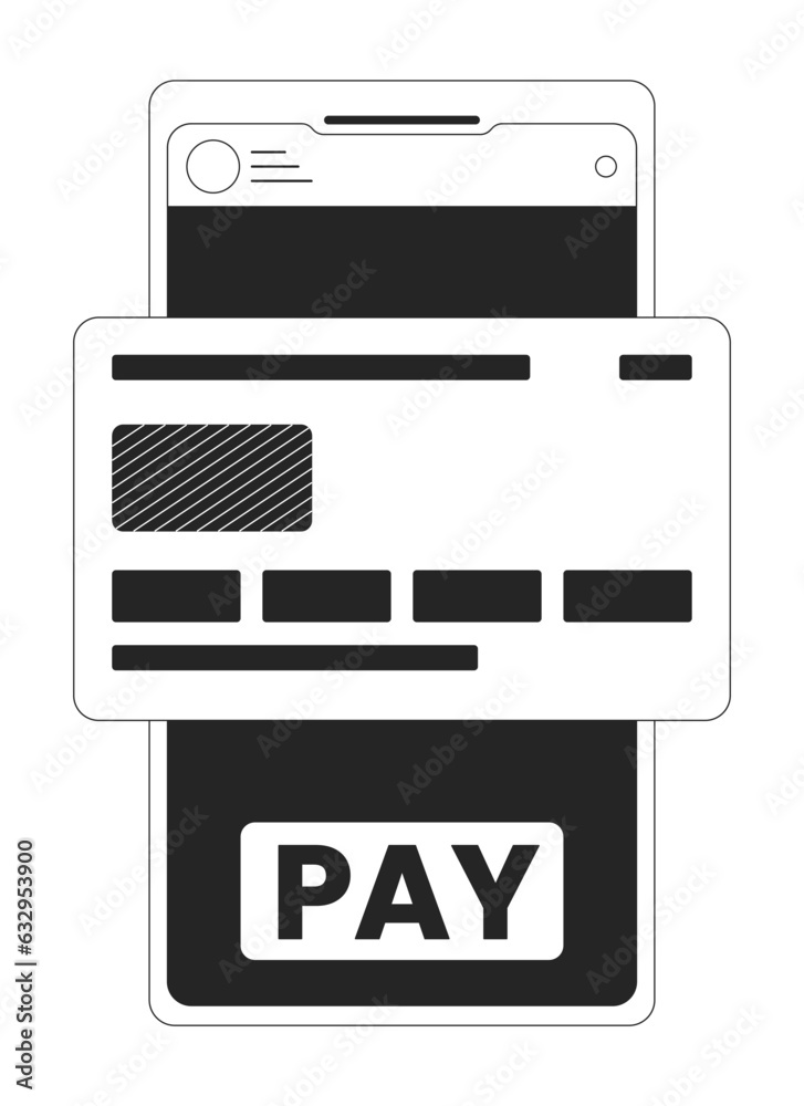 Online banking on smartphone screen bw concept vector spot illustration. App 2D cartoon flat line monochromatic object for web UI design. Credit card for purchase editable isolated outline hero image Online banking on smartphone screen bw concept vector spot illustration. App 2D cartoon flat line monochromatic object for web UI design. Credit card for purchase editable isolated outline hero image