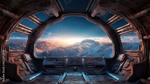 Fototapeta Naklejka Na Ścianę i Meble -  Futuristic Space Station Interior with Sleek Technology and Endless Stars Visible Through the Window, Floating in the Milky Way