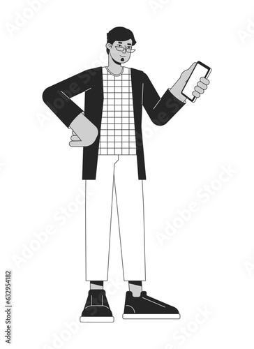 Muslim man buying ticket by smartphone flat line black white vector character. Editable outline full body person. Using gadges simple cartoon isolated spot illustration for web graphic design