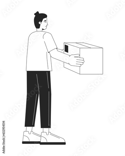 Caucasian man taking parcel flat line black white vector character. Editable outline full body person. Express delivery simple cartoon isolated spot illustration for web graphic design