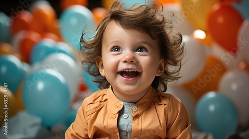 Cheerful little baby with colorful balloons on blurred background, closeup. created by generative AI technology.