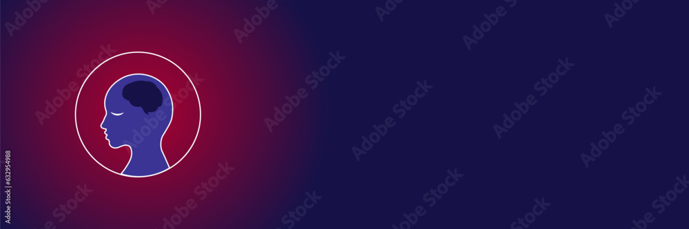 Profile of Human head with empty brain on circular frame on red to dark blue gradient background. Empty space for text. Vector Illustration. EPS 10.
