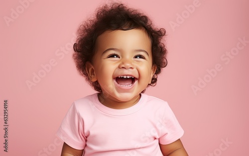 Portrait of a cute little African American girl laughing on pink background. created by generative AI technology.