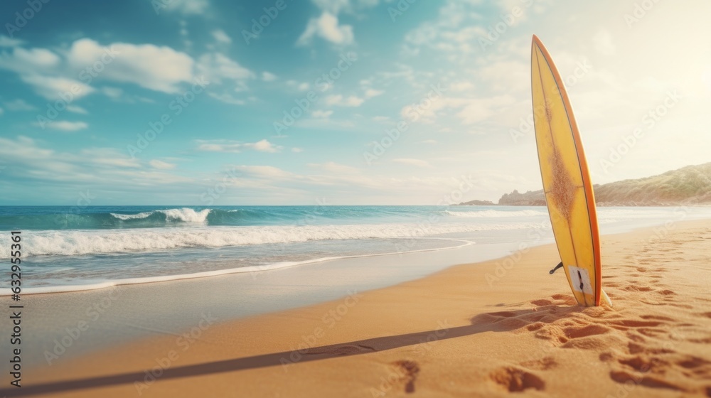 Photo of blue summer sky on a beautiful day with a surfboard on a beach. Generative AI Photo of blue summer sky on a beautiful day with a surfboard on a beach. Generative AI