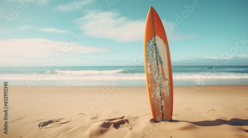 Photo of blue summer sky on a beautiful day with a surfboard on a beach. Generative AI