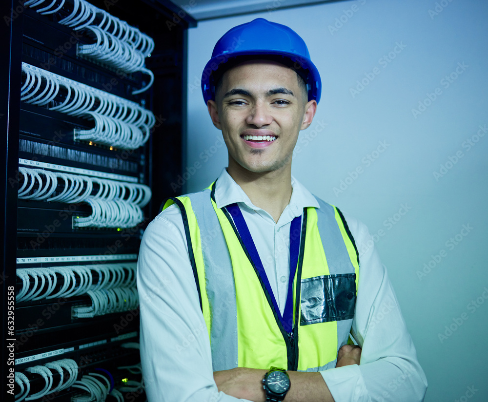 Engineering, portrait and man with smile in server room for network ...