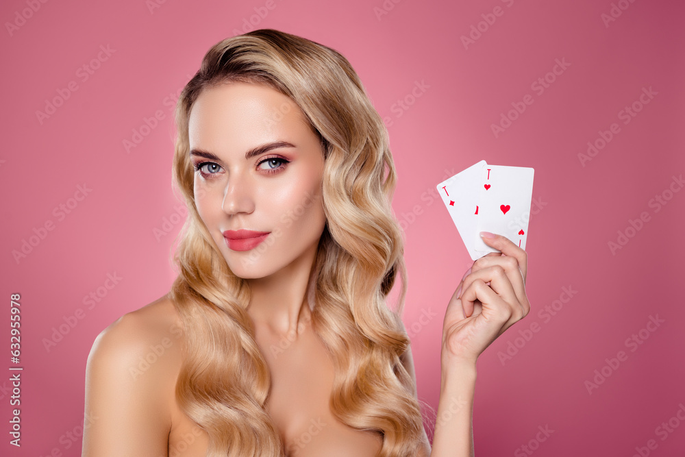 Photo of chic attractive lady croupier playing poker diamond heart cards isolated on pastel color background Photo of chic attractive lady croupier playing poker diamond heart cards isolated on pastel color background